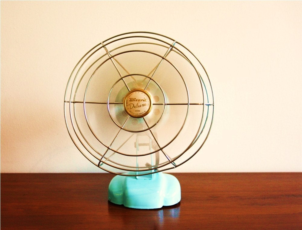 Refurbished vintage electric Wizard fan in aqua blue