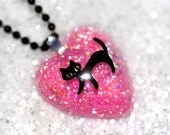 Princess Kitty Tres Chic & Very Pink Heart shaped glittery resin pendant necklace with cute kitty for all cat lovers by isewcute