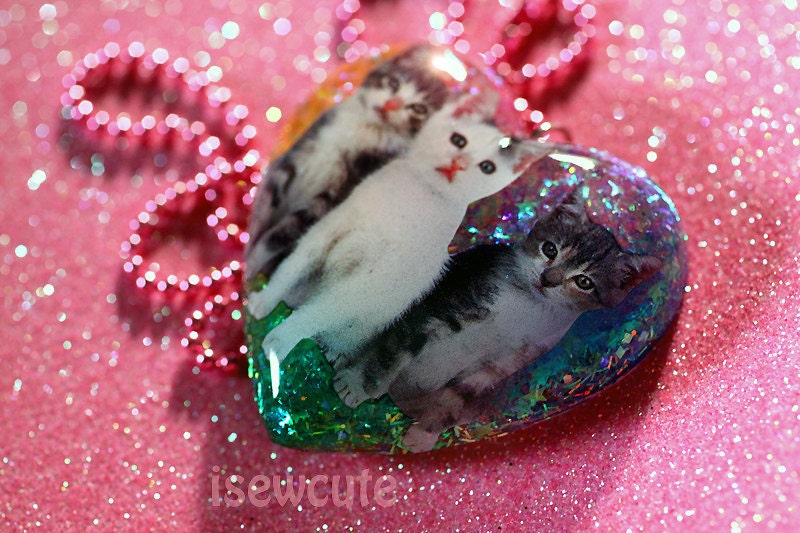 Cat Jewelry for Humans Three Little Kittens Resin Heart Necklace Full of Rainbow Glitter Handmade
