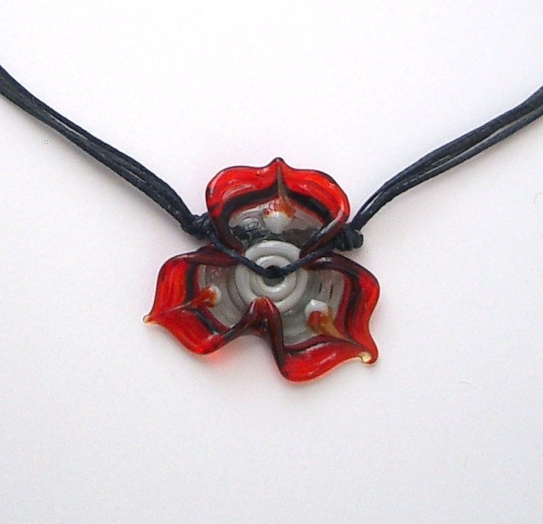 Red flower pendant Lampwork glass bead hand made by Yasmin Sivan