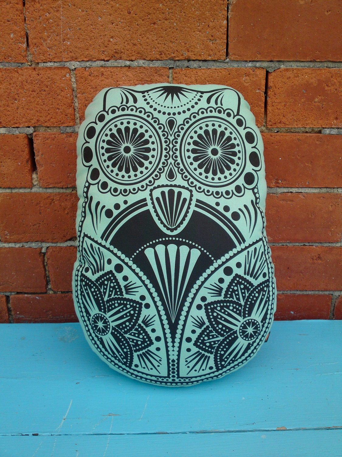 Owl Pillow Screen Print Cushion Plush Toy Sugar Skull Green LARGE