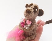 Knitted Meerkat with flowers, pink bouquet made with bead and button flowers, I love you