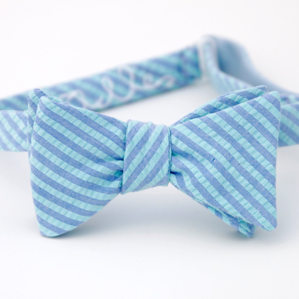 mens bow tie in chambray and mint seersucker