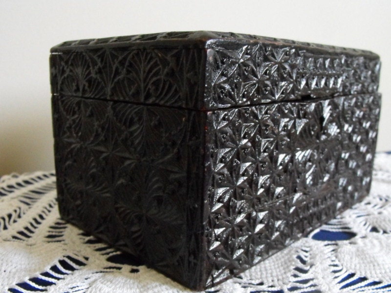 Vintage Wood Box Handmade Hand Carved Pegged Primitive Wooden Intricate Carving Folk Art