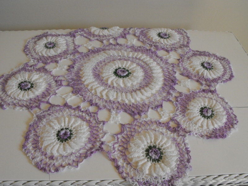 Vintage Crochet Roses Doily Huge 19"inches Centerpiece Shabby Country 3D Layered Roses
