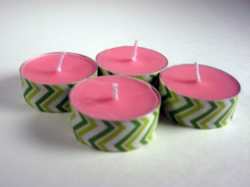 Tea Light Candles, Watermelon Scented, soy wax, 4 pack, decorated, pink and green, stripes