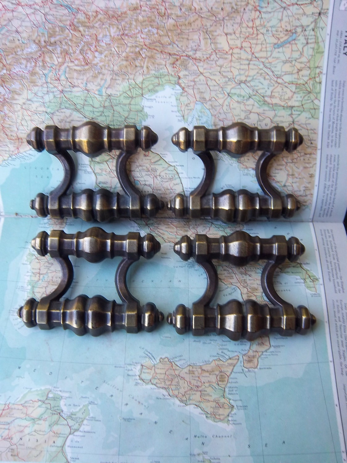 BIG sale 20% off use code THANKS20 - 4 large curved chunky vintage brass metal handles includes hardware