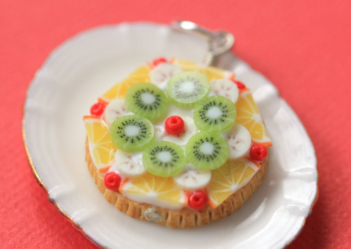 Fruit Tart / Pie / Cake Pendant - Orange, Kiwi, Banana and Cherries - Fruit Tart Collection - SALE