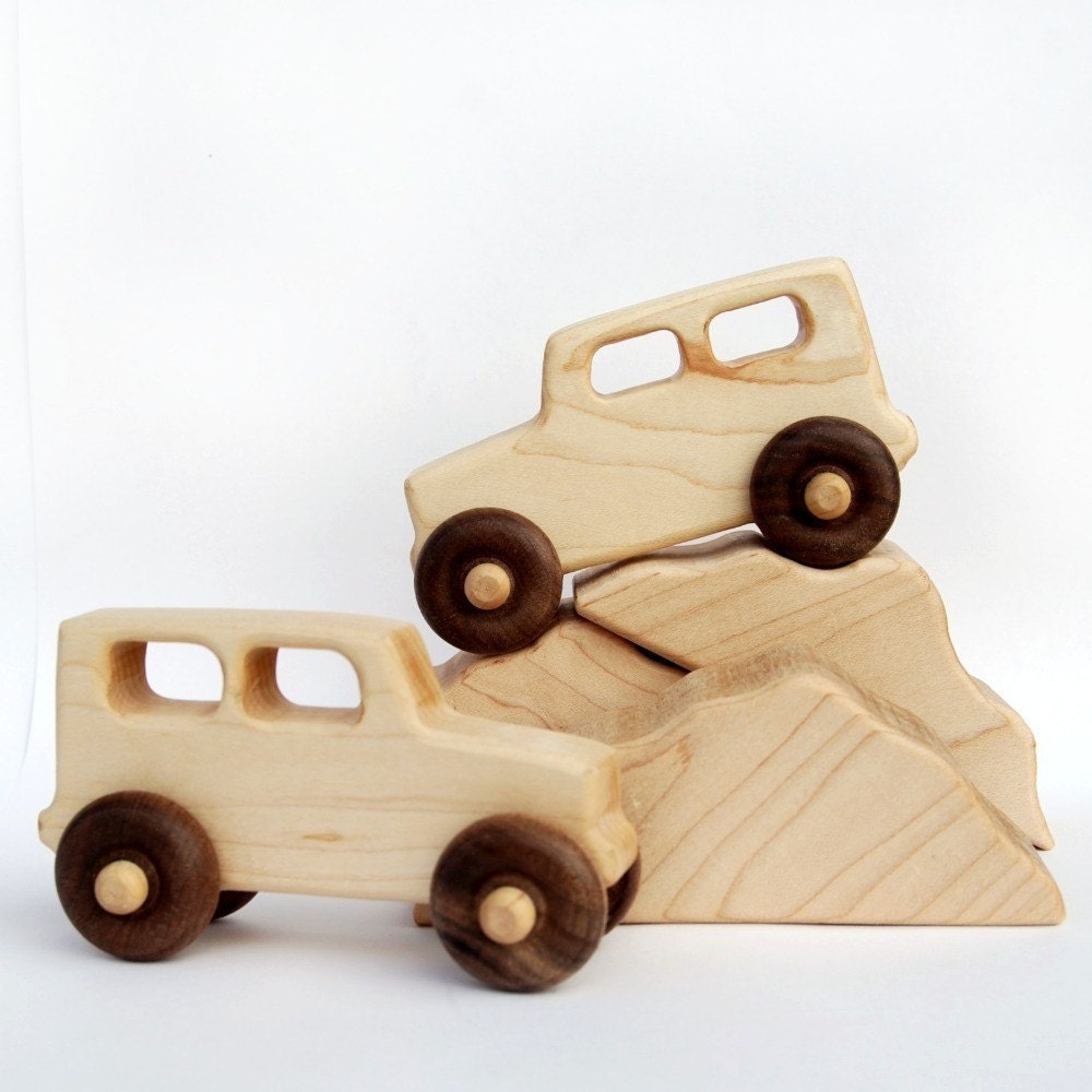 wooden toy trucks and boulders, 2 trucks, three boulders