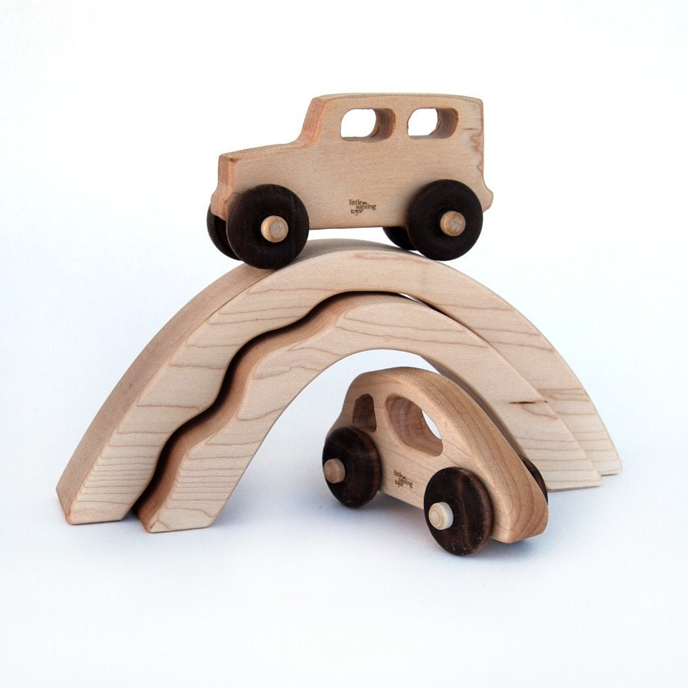 wooden toy car and truck with bridges, eco-friendly toy