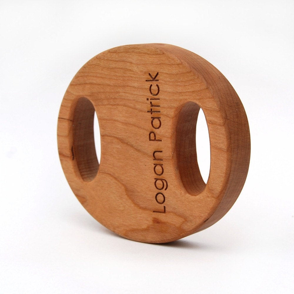 personalized toy baby rattle, wooden cherry baby gift