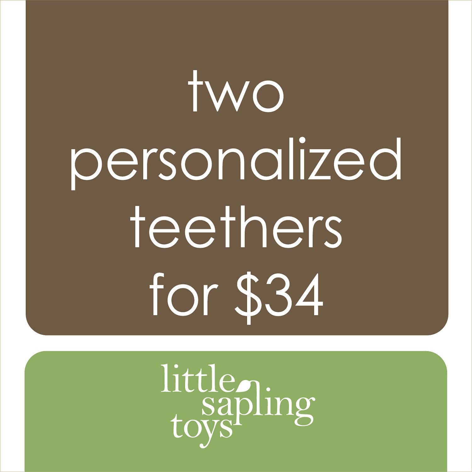 personalize any two teethers, wooden baby toy of your choice