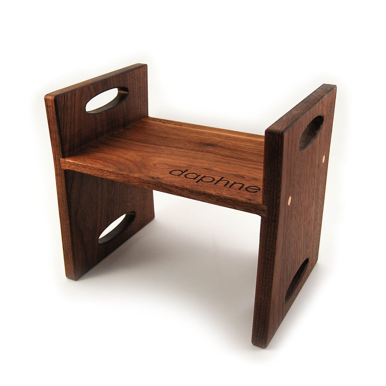 personalized modern kids step stool, walnut double sided wooden stool with carrying handles