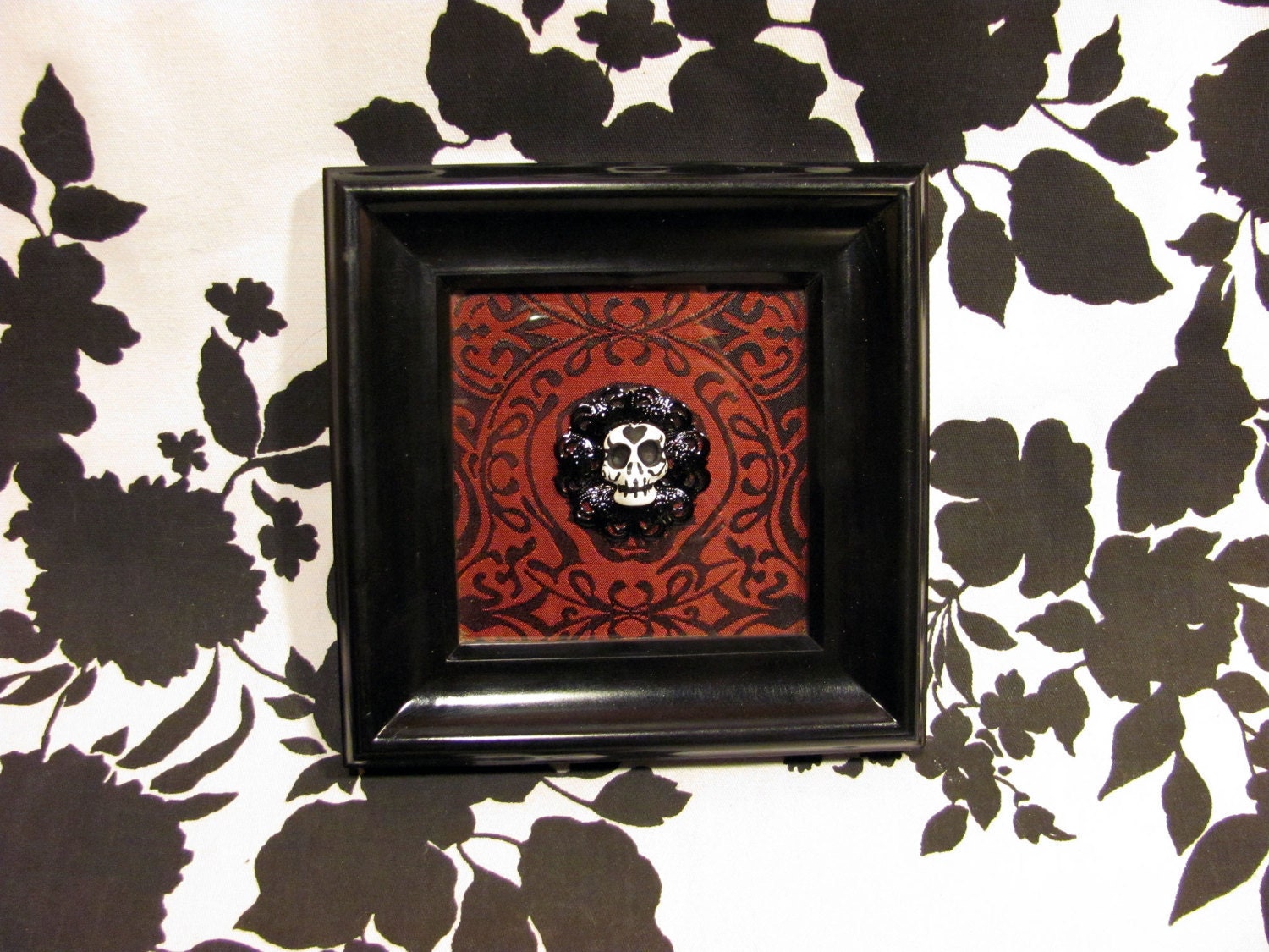 Framed Black and Red Victorian Brocade 3D Skull Cameo Art - Warning Label Creations