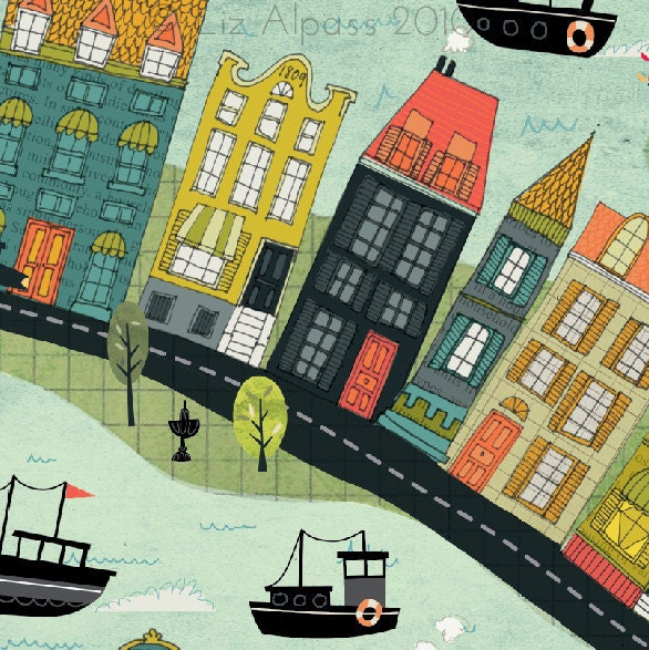 Bord De La Mer - 2 Art print Illustration design bay Amsterdam lighthouse quirky houses town city colourful orange lime teal green