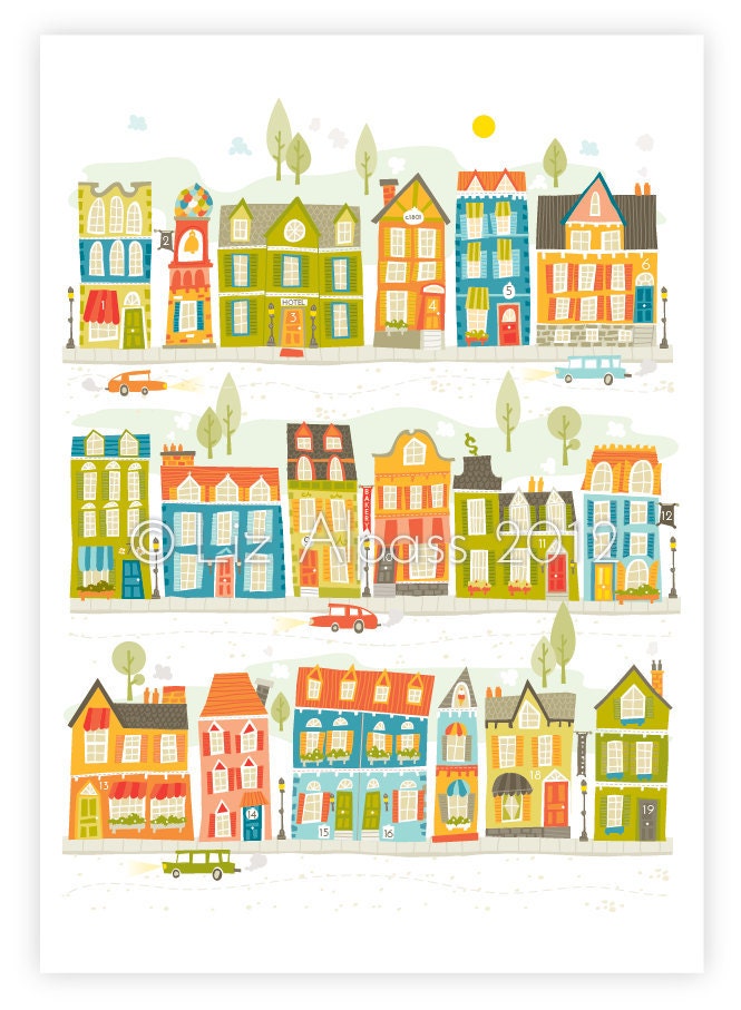 Happyland - A4 PRINT boy unisex illustration children's kids room nursery houses buildings street village lime orange blue green bright