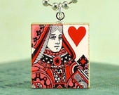 QUEEN OF HEARTS-Scrabble Pendant Charm - Jewelry Art- Free Silver Ball Chain Necklace