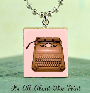 Scrabble Tile Art Pendant - VINTAGE TYPEWRITER (PINK) - Scrabble Jewelry Charm- Free Silver Ball Chain Necklace