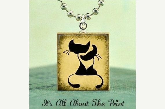 Scrabble Tile Art Pendant -2 Black Cats- Scrabble Jewelry Charm- Free Silver Ball Chain Necklace