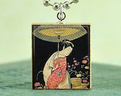 Scrabble Tile Art Pendant -Vintage Geisha Girl- Scrabble Jewelry Charm- Free Silver Ball Chain Necklace