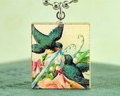 Scrabble Tile Art Pendant -Blue Love Birds- Scrabble Jewelry - Free Silver Ball Chain Necklace