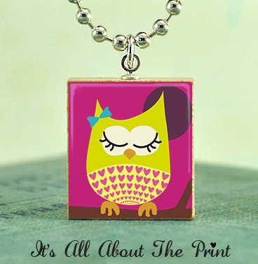Scrabble Tile Art Pendant - WOODLAND OWL PINK - Scrabble Jewelry Charm- Free Silver Ball Chain Necklace