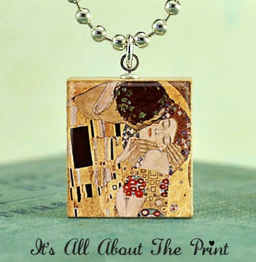 Scrabble Tile Art Pendant -KLIMT THE KISS- Scrabble Jewelry Charm- Free Silver Ball Chain Necklace