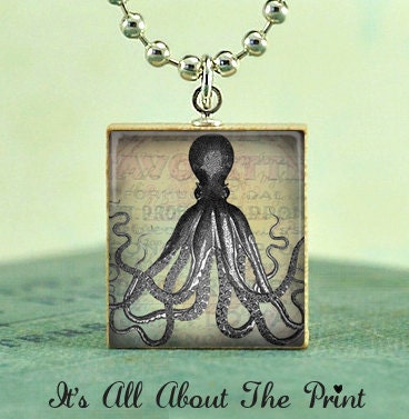 Scrabble Tile Art Pendant -Vintage Octopus- Scrabble Jewelry Charm- Free Silver Ball Chain Necklace