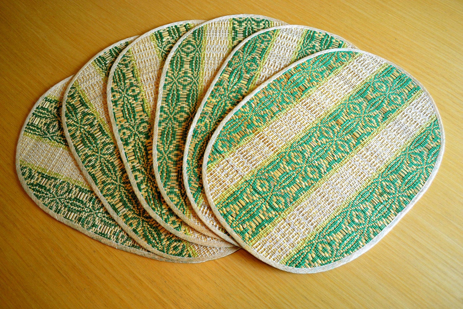 Woven Straw Placemats with Green and Chartreuse - Set of Six