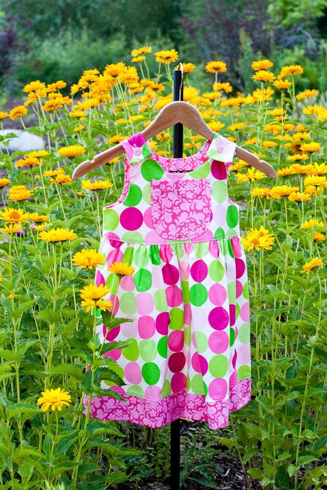 Little Girls Summer Beach Dress Pink and Green Polka Dots