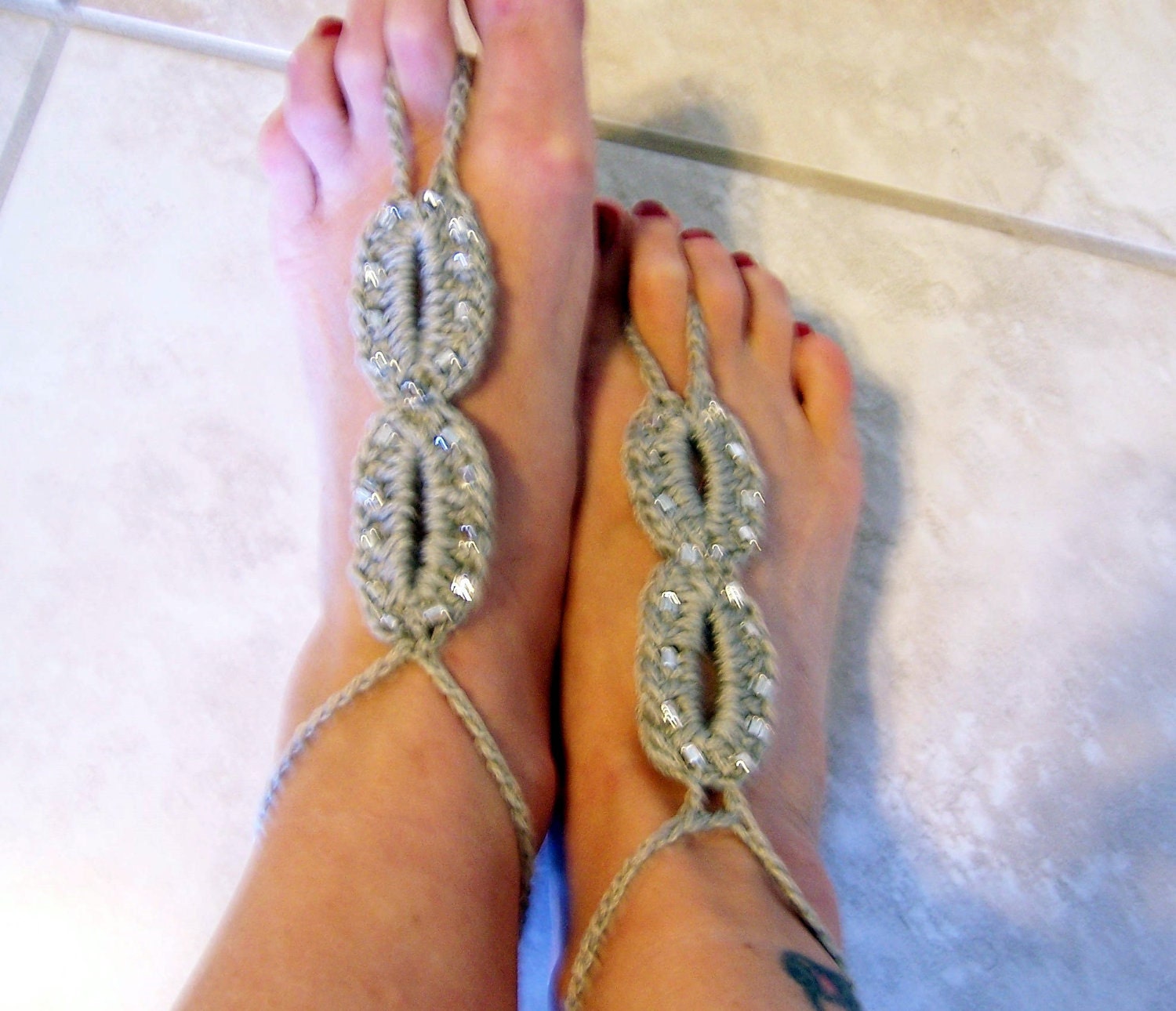 Barefoot Sandals Beaded Misty Taupe Crochet, Beach wear, Nude shoes, Foot jewelry, Wedding, Victorian, Lace, Sexy, Yoga, Pool