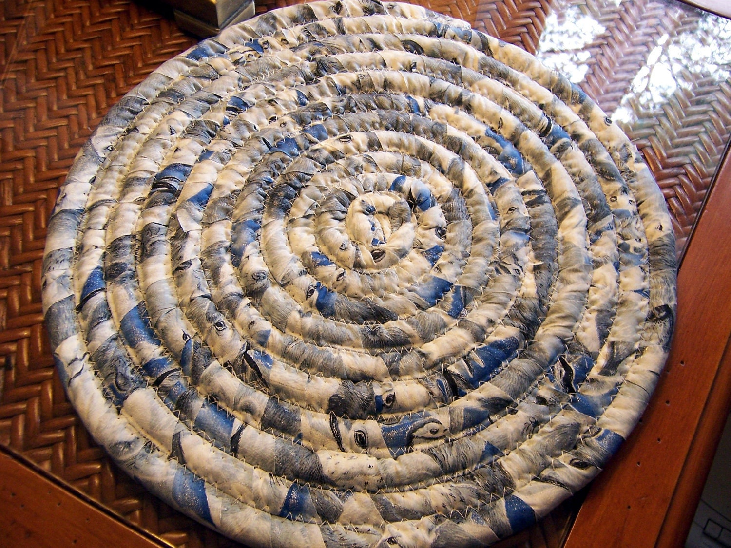 Trivet - Hot pad - Coiled Fabric Mat, Trivet, Centerpiece, Hot Pad - 11.5 inches Baby Blue, Gray and Off White