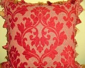SOLD Traditional Throw Pillow in Red Damask Chenille with Robert Allen Tassel Trim