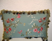 Aqua Blue Floral Lumbar Designer Pillow with Tassel Trim