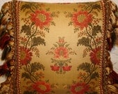 Romantic Floral Pillow in Antique Gold and Red with Tassel Trim