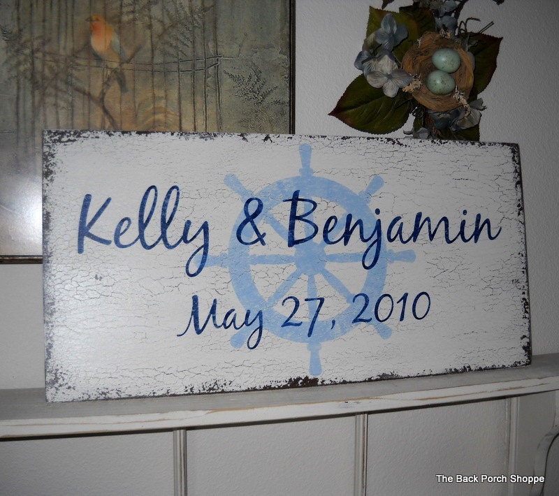 Custom NAUTICAL WEDDING SIGN w/ Names and Date / Wedding Location - Handpainted / No Vinyl - Shabby Cottage Vintage Style 24 x 12