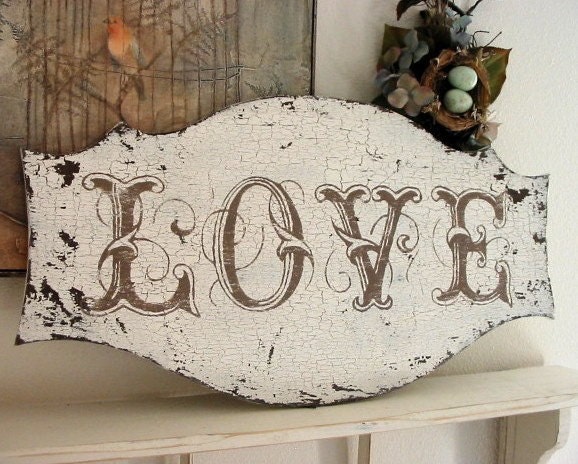 LOVE Shabby Cottage Romantic Valentine or Wedding Signs Vintage Style 26 x 14
