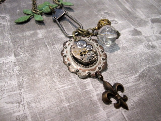 Steampunk Necklace, Fleur de Lis Necklace, clockworks Necklace, Shabby Chic, Verdigris, Upcycled, Nature, Branch, Vintage, One of a Kind