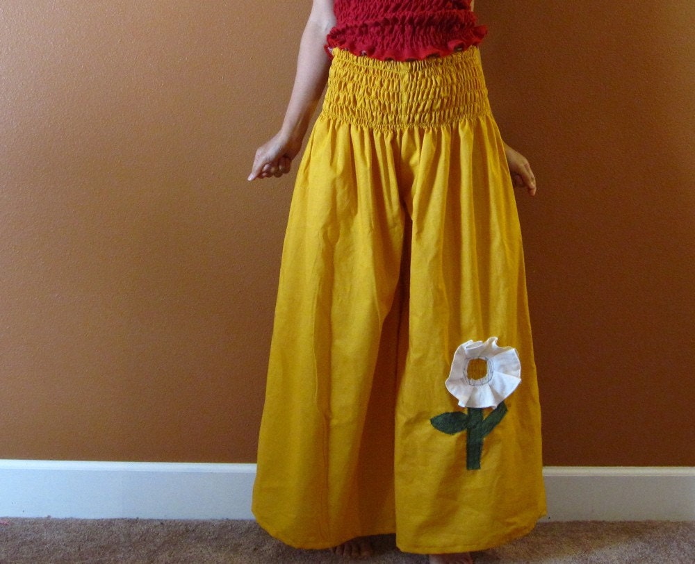 custom shirred waist  wide leg pants with pleated flower