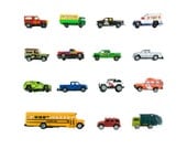 Toy Truck Collection - 8x8 photograph - school bus, garbage truck, jeep, delivery van
