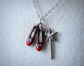 Red Ruby Slippers Wizard Of Oz Jewelry Dorothy Shoes Wand Charm Necklace