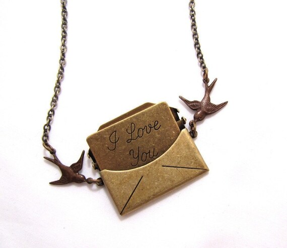 I Love You Envelope Locket Antiqued Brass Necklace