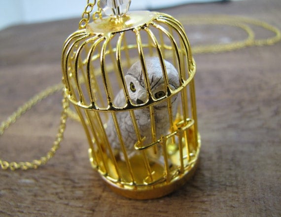 Snowy Owl In Birdcage Necklace