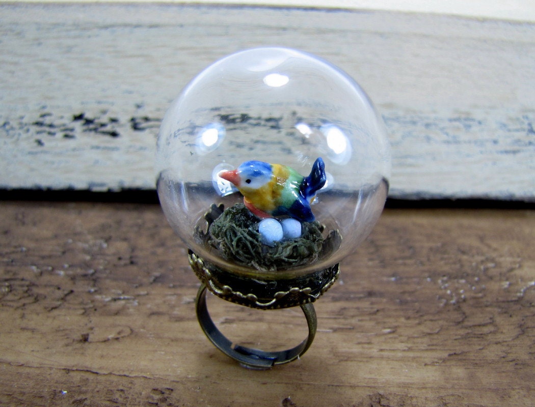 Bluebird With Nest And Eggs Glass Globe Terrarium Adjustable Ring