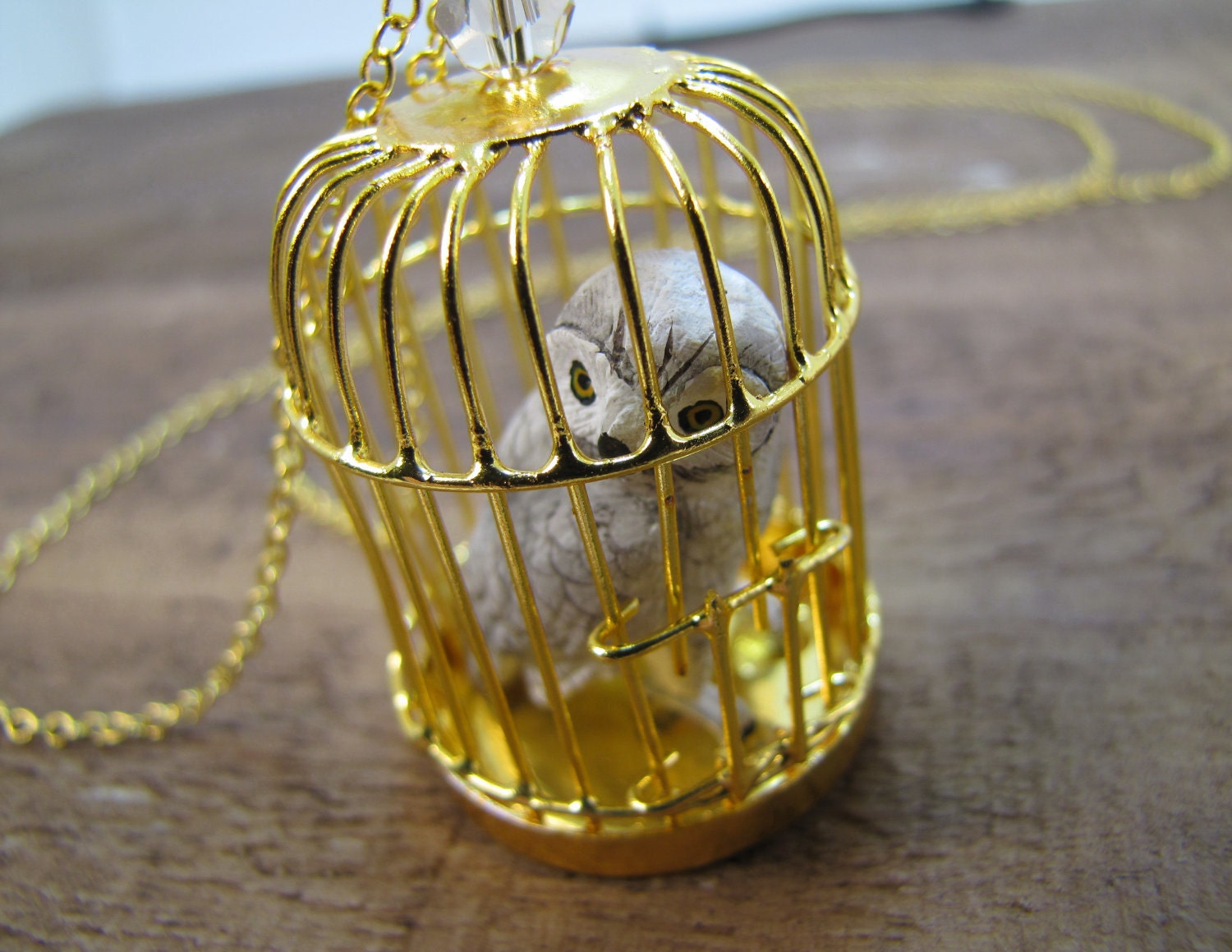 Snowy Owl In Birdcage Necklace