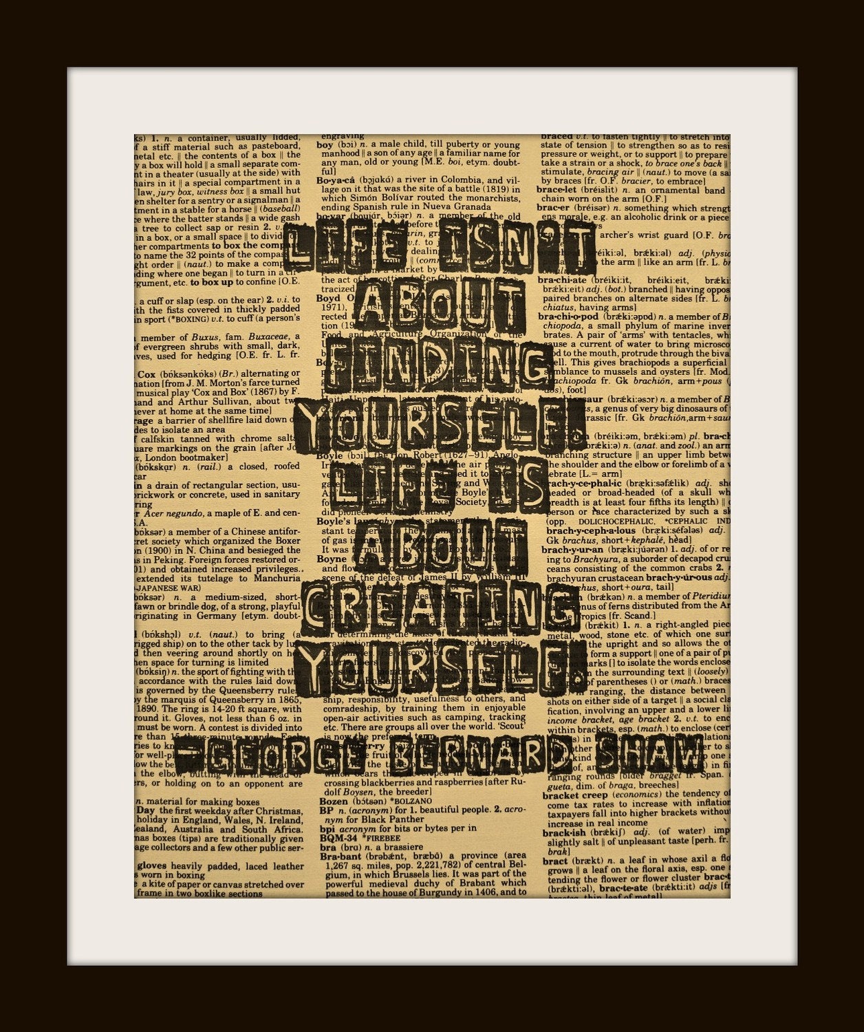 Art Print GEORGE BERNARD SHAW "Life isn't about..."  8x10 Dictionary Gold Gulided Vintage Page