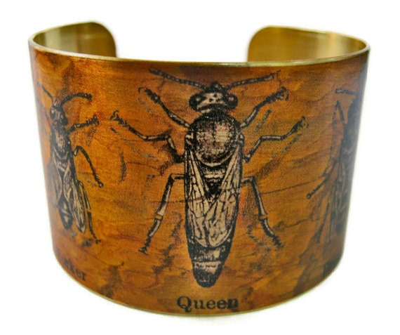 Bees brass cuff bracelet Worker, Queen, Drone Vintage style Free Shipping to USA