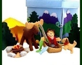 Moose Creek Camp - PDF Doll Pattern (Tent, Sleeping Bag, Camper, Fish, Moose, Dog, Boat, Trees, Camp Fire, Fishing Pole)