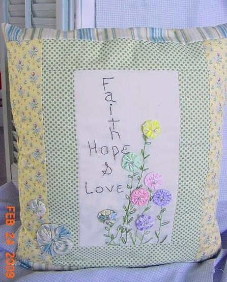 Chic Garden Cottage Faith Hope Love Pillow With Quilt YoYo Fabric Flowers