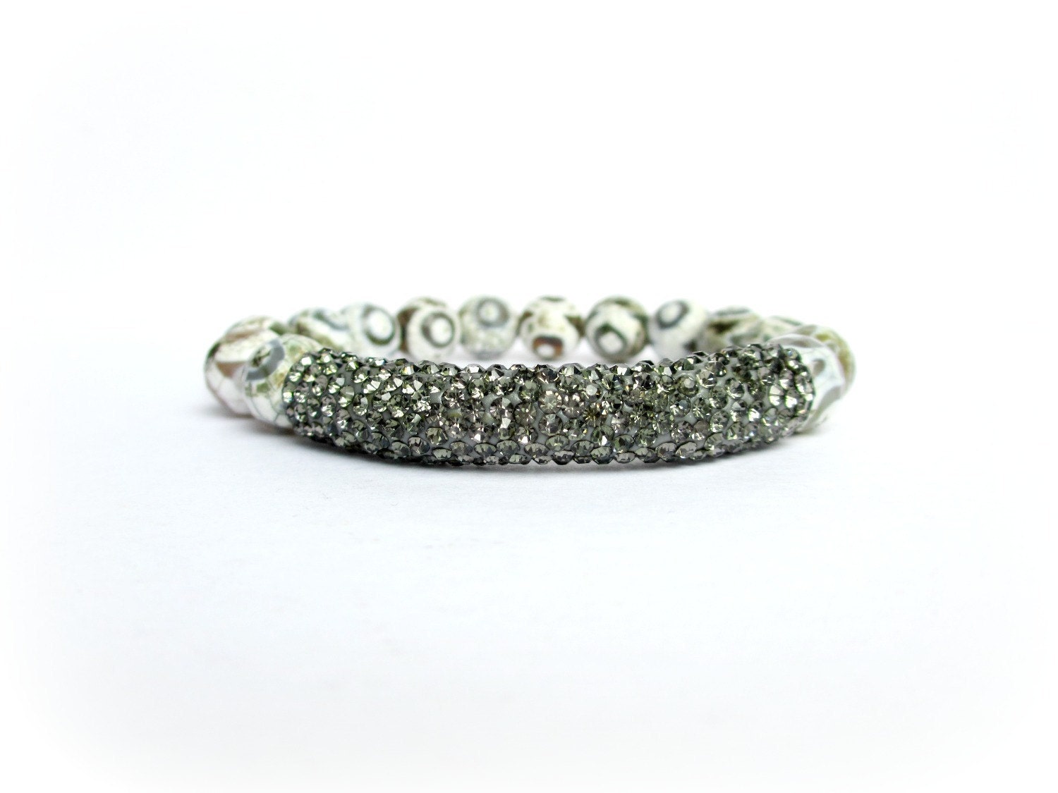 1 Gray Rhinestone Pave Bar Beaded Stretch Bracelet, Stacking Bracelet, Rhinestone Bar Bracelet, Beaded Stretch Bracelet,Basketball Wives
